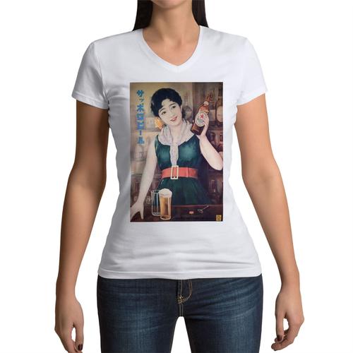 T-Shirt Femme Col V Affiche Publicitaire Japonaise Vintage / Sapporo Beer