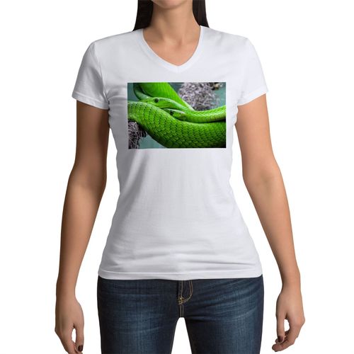 T-Shirt Femme Col V Couple Python Vert Superbe Reptiles Animaux Sauvages Nature