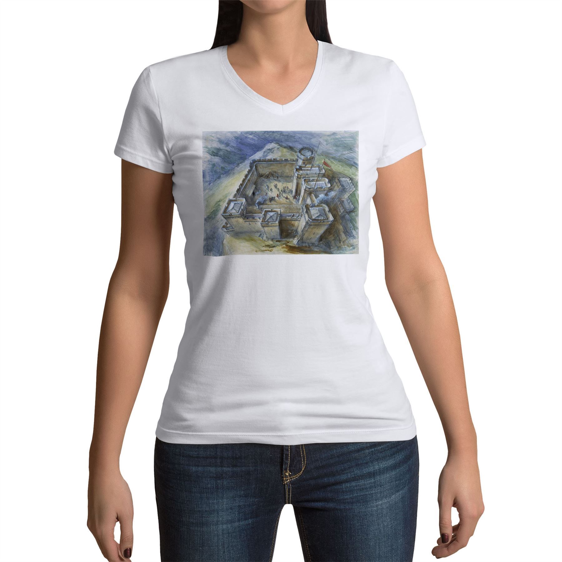 T-Shirt Femme Col V Chateau Fort Alan Sorrell Moyen Age Chevalier Peinture Illustration