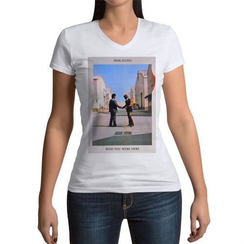 T-Shirt Femme Col V Pink Floyd Wish You Were Here Album Cover Rock 70's