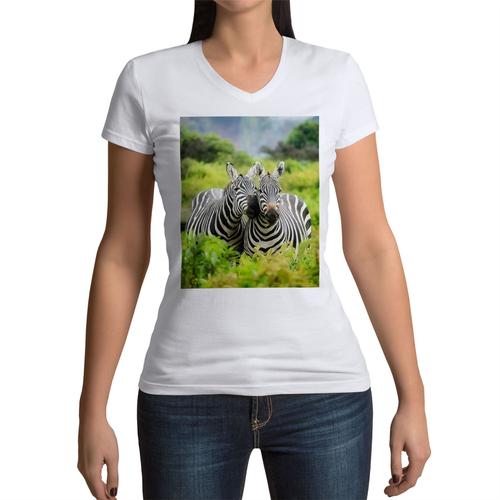 T-Shirt Femme Col V Magnifiques Zebres Entoures De Verdure Mignon Amour