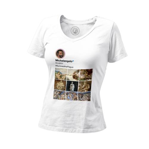 T-Shirt Femme Col V Michel-Ange Réseaux Sociaux Peinture Peintre Vatican