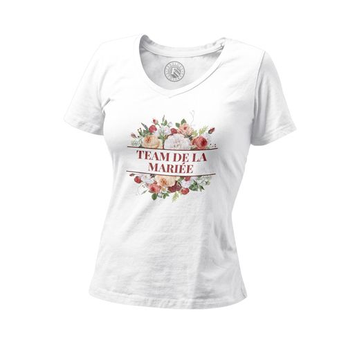 T-Shirt Femme Col V Team De La Mariée Mariage Fiancée Bouquet Fleurs