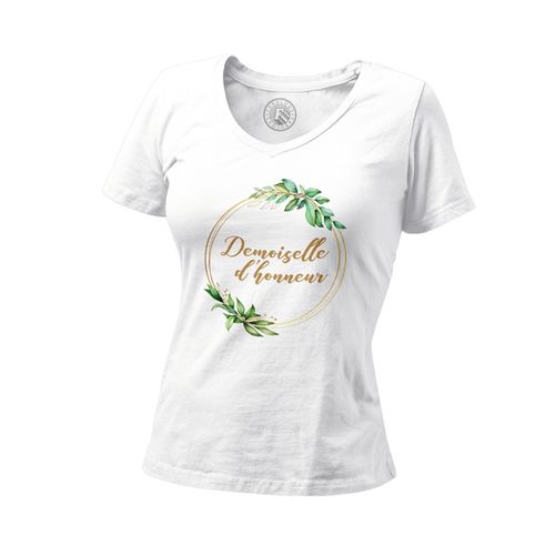 T-Shirt Femme Col V Demoiselle D'honneur Mariage Noces Cercle Fleurs