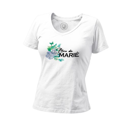 T-Shirt Femme Col V Mère Du Marié Mariage Mariée Fleurs Bleues