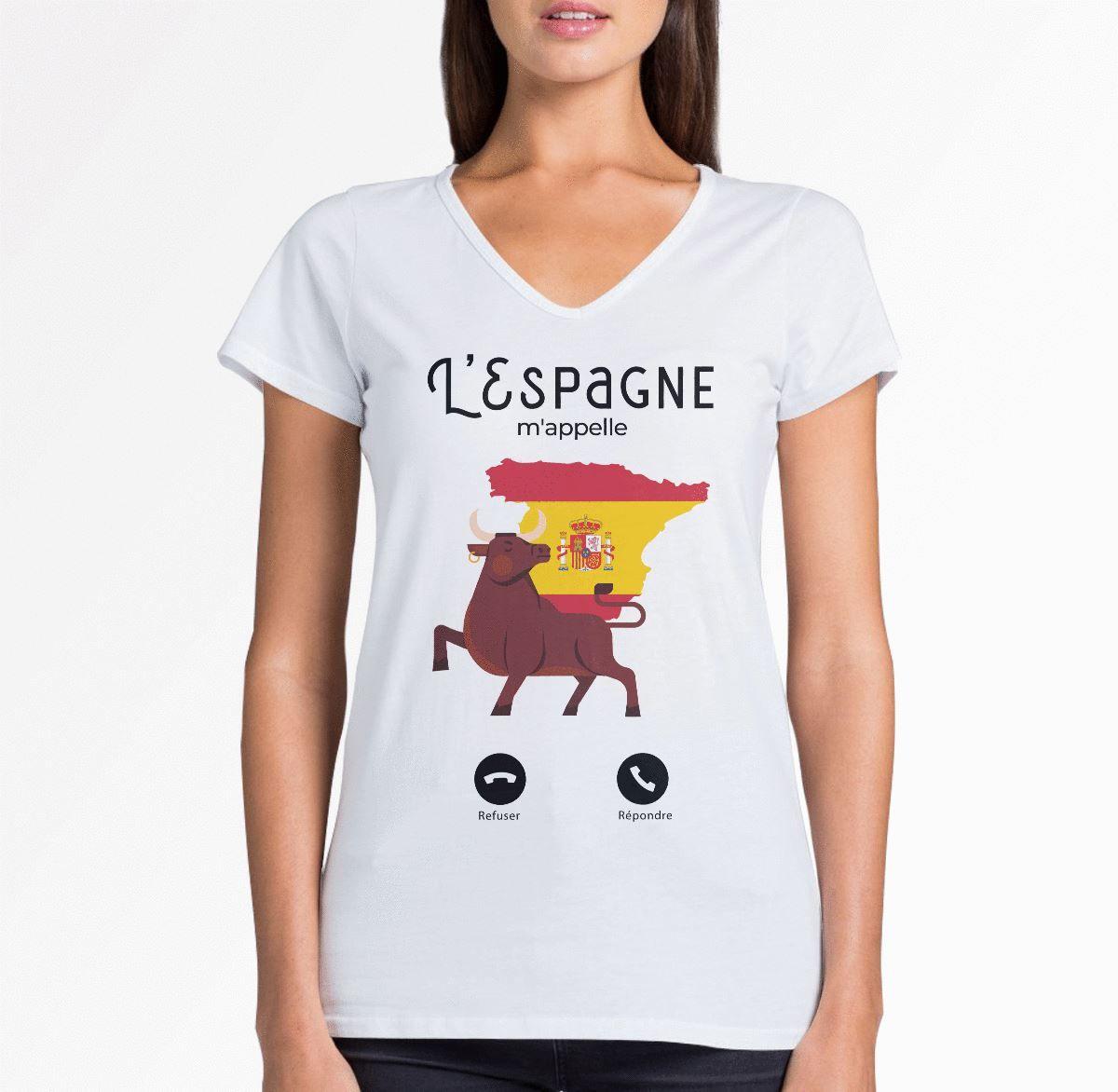 T-shirt Femme Col Echancré L'Espagne M'Appelle Drapeau Taureau Corrida