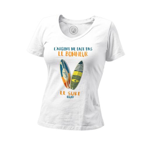 T-Shirt Femme Col V Surf - L'argent Ne Fait Pas Le Bonheur Sport Aquatique