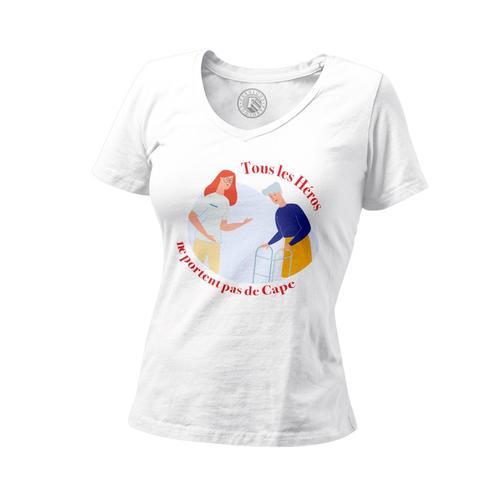 T-Shirt Femme Col V Les Vrais Héros - Aide Soignante Infirmière Métier