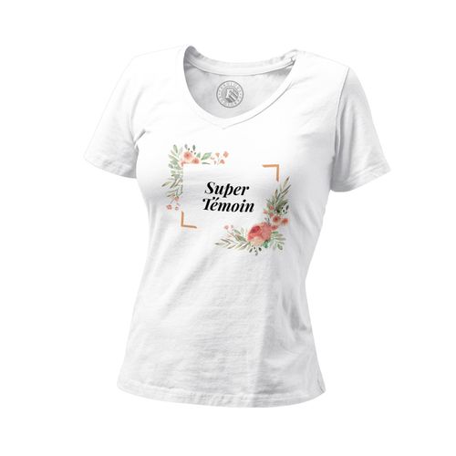 T-Shirt Femme Col V Super Témoin Mariage Fiancée Cadre Floral