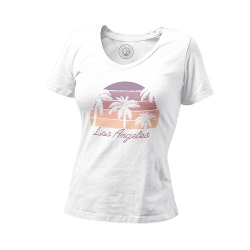 T-Shirt Femme Col V Los Angeles Soleil Etats Unis Plage Hollywood Malibu