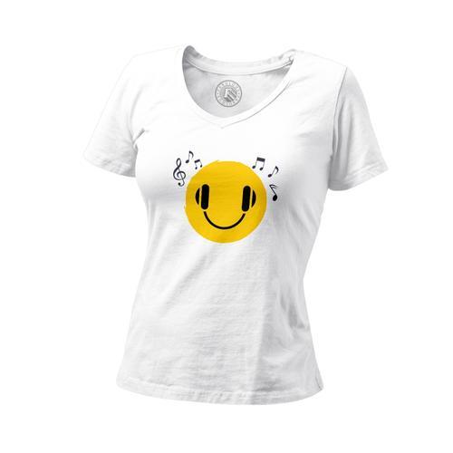 T-Shirt Femme Col V Smiley Musique Musicien Instrument Note