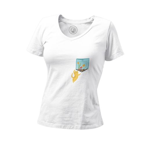 T-Shirt Femme Col V Poche Surprise Chat Aquarium Poisson Dessin