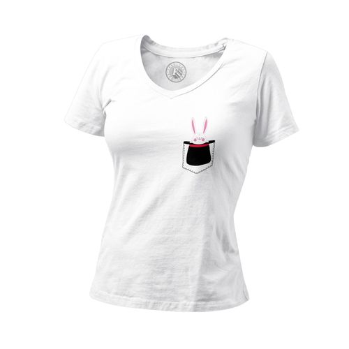 T-Shirt Femme Col V Poche Surprise Magique Magicien Lapin Dessin