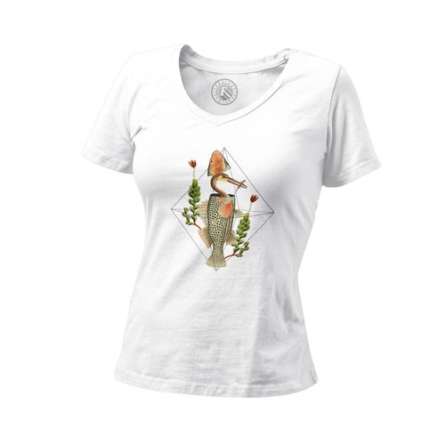 T-Shirt Femme Col V Héron Caché Dans Un Poisson Collage Art Surréalisme