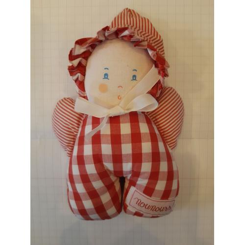 Poupée De Chiffon Doudou Nounours Vichy Rouge À Grelot 25 Cms