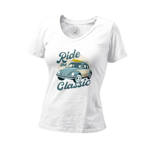 T-Shirt Femme Col V Ride The Classic 70's Surf Voiture Ancienne