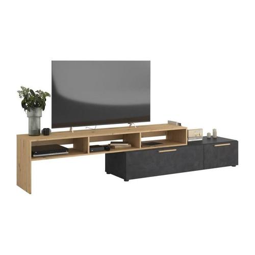 Meuble Tv Raw - Décor Chene Et Steam Black - 1 Abattant + 1 Tiroir - 4 Modulations Au Choix - L250 X H 50 X P 46.6 Cm