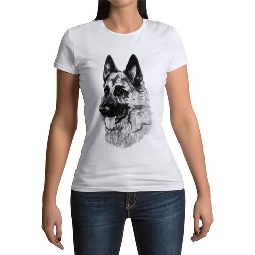 T-Shirt Femme Col Rond Berger Allemand Gros Chien Art Encre Noir Et Blanc Mignon