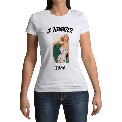 T-Shirt Femme Col Rond J'adore 1950 Vintage Années 50 Retro Pin Up