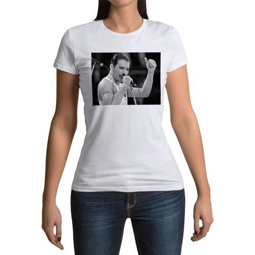 T-Shirt Femme Col Rond Queen Freddy Mercury Wembley Rock 80's Noir Et Blanc