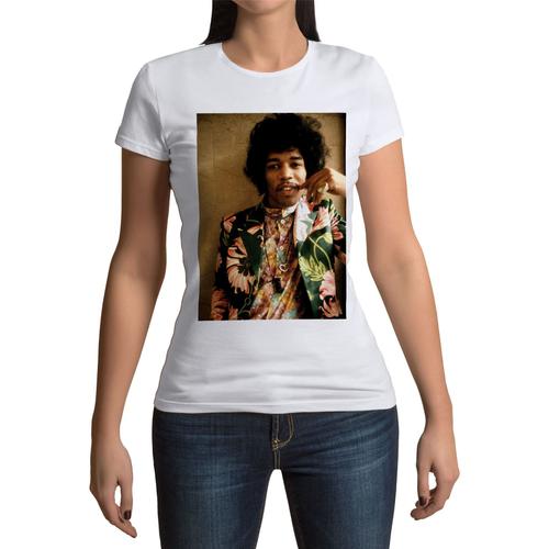 T-Shirt Femme Col Rond Jimi Hendrix Guitariste Habits A Fleur Portrait Rock