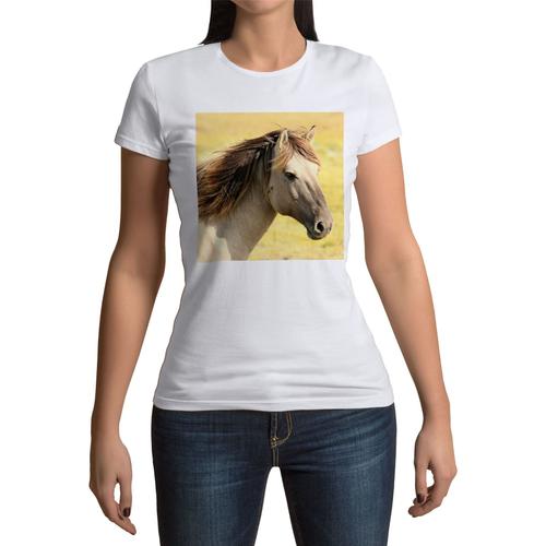 T-Shirt Femme Col Rond Beau Cheval Beige Prairie Nature Animaux Sauvage