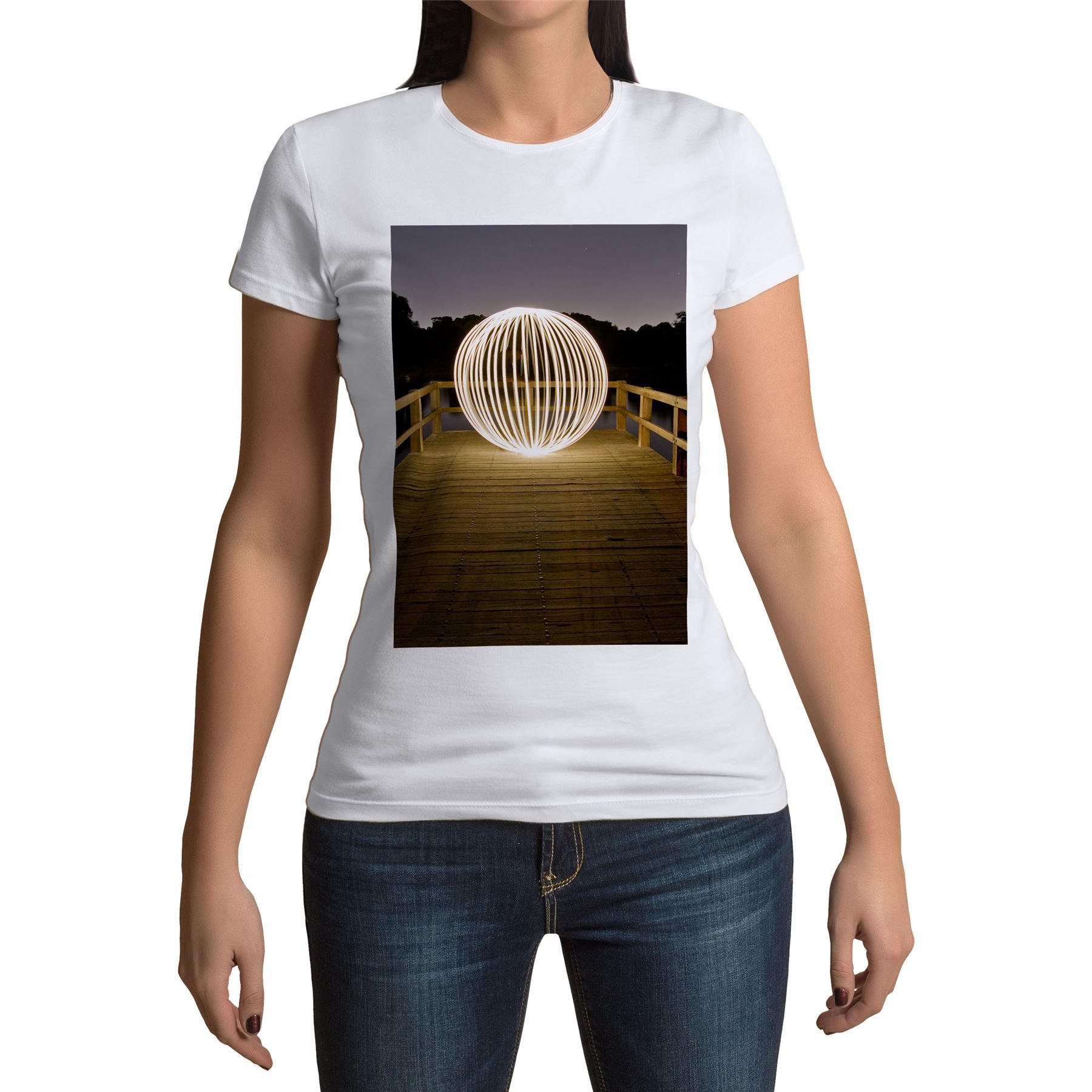 T-Shirt Femme Col Rond Light Painting Boule De Lumiere Lac Abstrait Nature