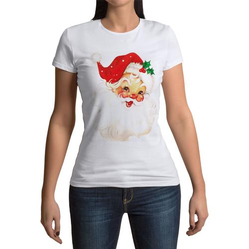 T-Shirt Femme Col Rond Dessin Pere Noel Houx Vintage Retro Santa Claus 50's