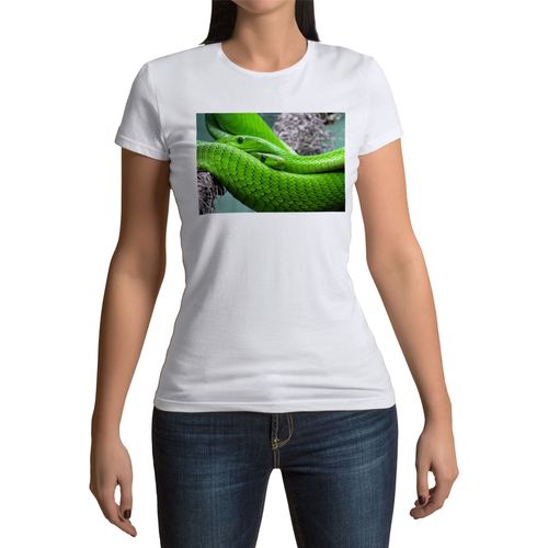 T-Shirt Femme Col Rond Couple Python Vert Superbe Reptiles Animaux Sauvages Nature