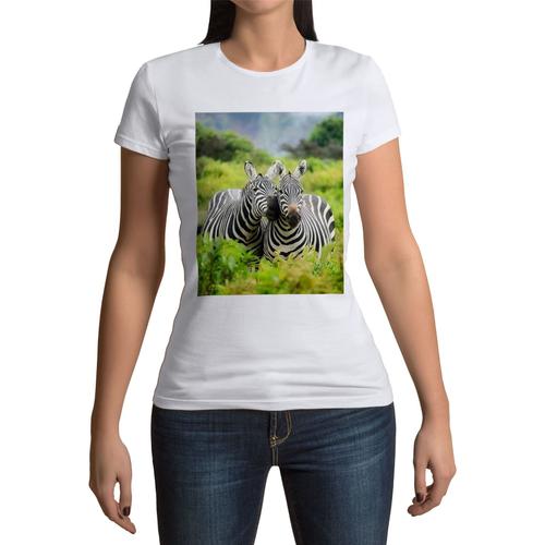 T-Shirt Femme Col Rond Magnifiques Zebres Entoures De Verdure Mignon Amour