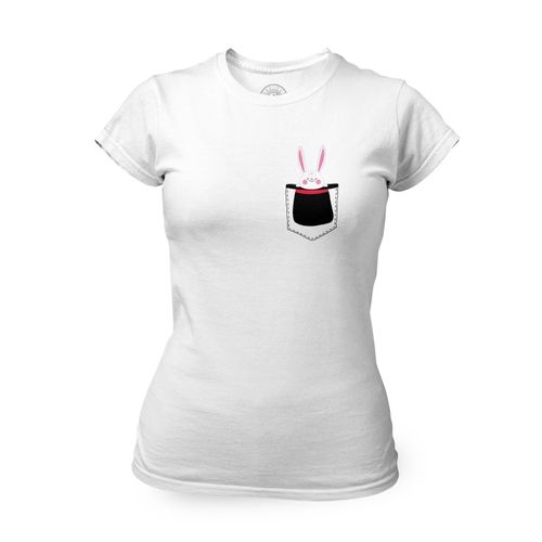 T-Shirt Femme Col Rond Poche Surprise Magique Magicien Lapin Dessin