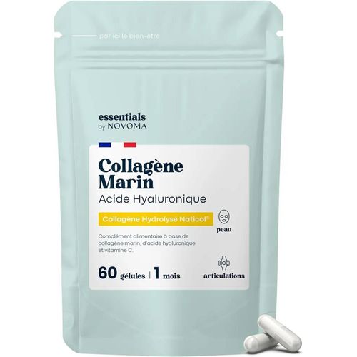 Collagène Marin + Acide Hyaluronique, Peau Hydratée Et Articulations Fortes, Cure De 1 Mois, 60 Gélules, Hydrolysé Type 1 Naticol®, Et Vitamine C, Made In France, Essentials By Novoma 