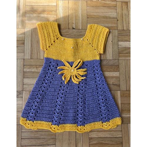 Robe Jaune Et Violette Bébé Perle Fines Broderie Fleurs Fait Main Vintage / Yellow Purple Dress Baby Fine Pearl Embroidery Handmade Flowers