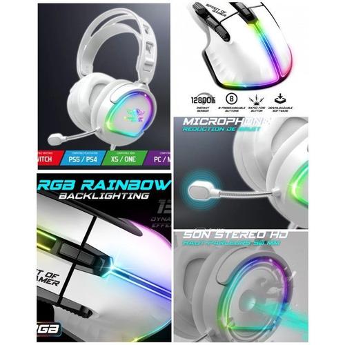 Souris PRO GAMING PRO-M5 Gaming & Multimedia 8 BOUTONS LED RGB 13 EFFETS 12800DPI + Casque Gamer Blanc PRO-H6 LEDS RGB PC/MAC SWITCH