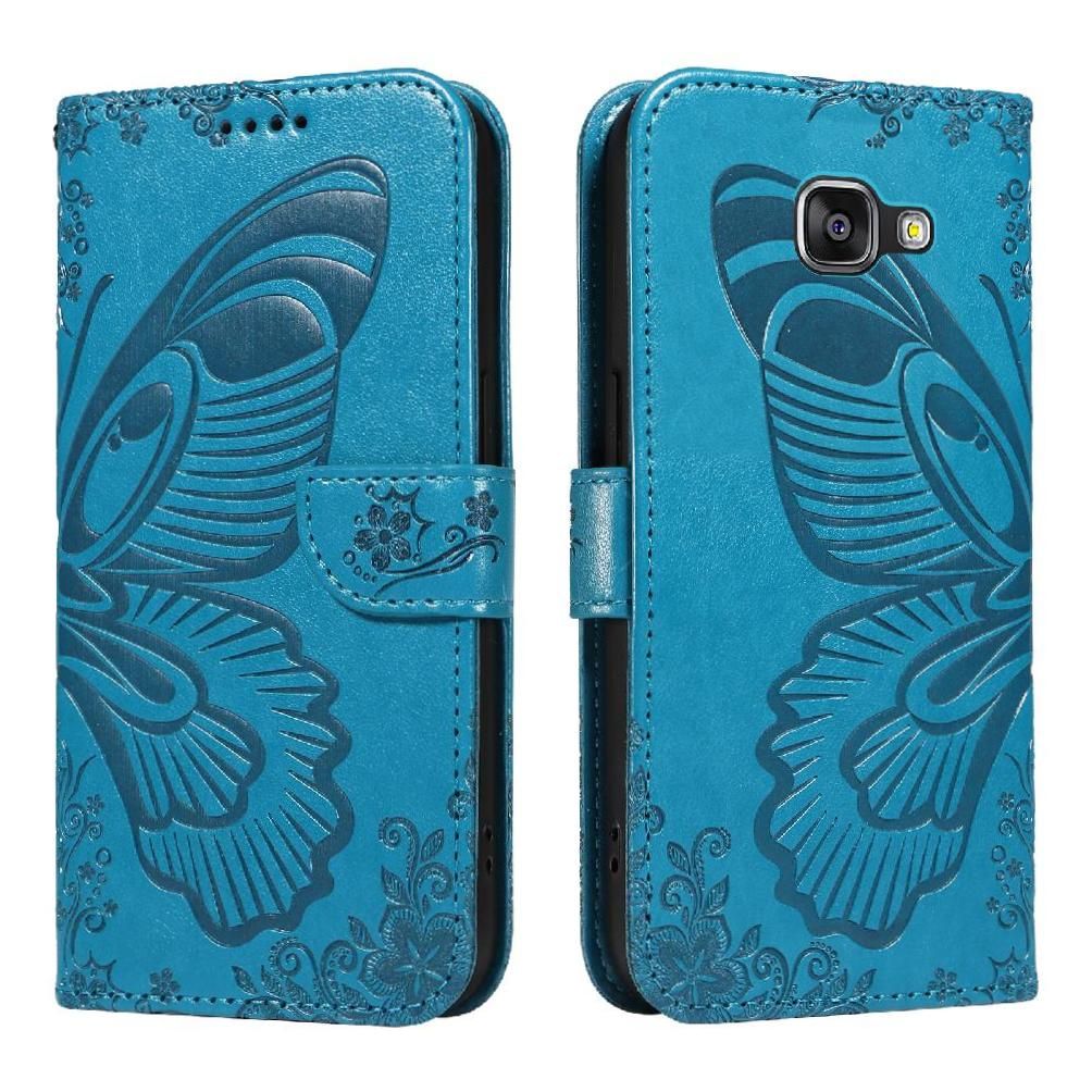 Flip Étui Pour Samsung Galaxy A3 2016 Papillon En Relief Sangle De Main Détachable Cuir De Haute Qualité Avec Fente Pour Carte De Crédit - Bleu