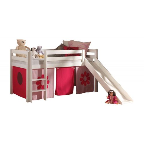 Vipack Pino Lit Mezzanine Avec Toboggan Pin Massif Blanc + Rideau De Lit Pink Flower