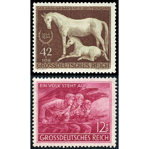 Allemagne, 3ème Reich 1944 / 1945, Beaux Timbres Yvert 821, 11ème Course Hippique Du Ruban Brun Et 824, En L'honneur Du Volkssturm, Milice Populaire Devant Aider La Wehrmacht, Neufs* / Ss Gomme, Tbe.