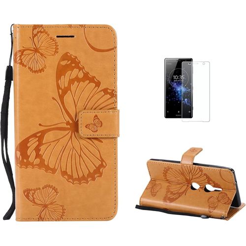 Coque Sony Xperia Xz2 [Avec Film De Protection Ecran Hd], (Serie De Papillon Et Fleur) Retro Emboss Papillon Premium Flip Housse Etui Portefeuille Pu Cuir Pour Sony Xperia Xz2(Jaune)