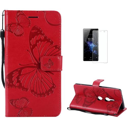 Coque Sony Xperia Xz2 [Avec Film De Protection Ecran Hd], (Serie De Papillon Et Fleur) Retro Emboss Papillon Premium Flip Housse Etui Portefeuille Pu Cuir Pour Sony Xperia Xz2(Rouge)