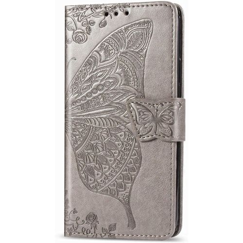 Coque Pour Huawei Y3 2017 [Avec Verre Trempe],Papillon Motif De Gaufrage Housse Imprime En Pu Cuir Case A Rabat Coque De Protection Portefeuille Cover (Gris)