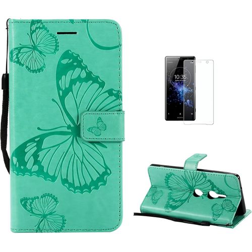 Coque Sony Xperia Xz2 [Avec Film De Protection Ecran Hd],Fatcatparadise(Serie De Papillon Et Fleur) Retro Emboss Papillon Premium Flip Housse Coque Etui Portefeuille Pu Cuir Pour Sony Xperia Xz2(Vert)