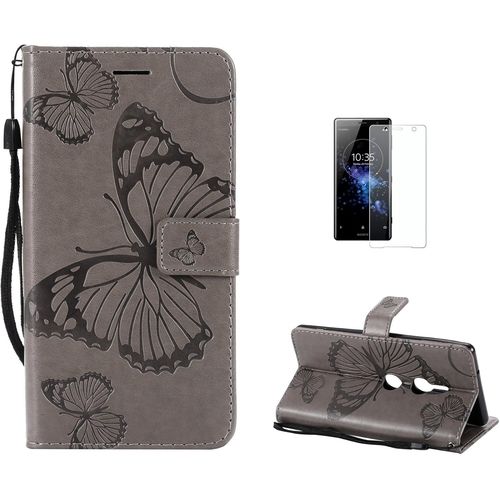 Coque Sony Xperia Xz2 [Avec Film De Protection Ecran Hd],Fatcatparadise(Serie De Papillon Et Fleur) Retro Emboss Papillon Premium Flip Housse Coque Etui Portefeuille Pu Cuir Pour Sony Xperia Xz2(Gris)