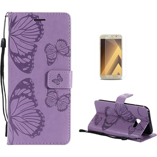 Coque Galaxy A3 2017 [Avec Film De Protection Ecran Hd], (Serie De Papillon Et Fleur) Retro Emboss Papillon Premium Flip Housse Etui Pu Cuir Pour Samsung Galaxy A3 2017(Violet)