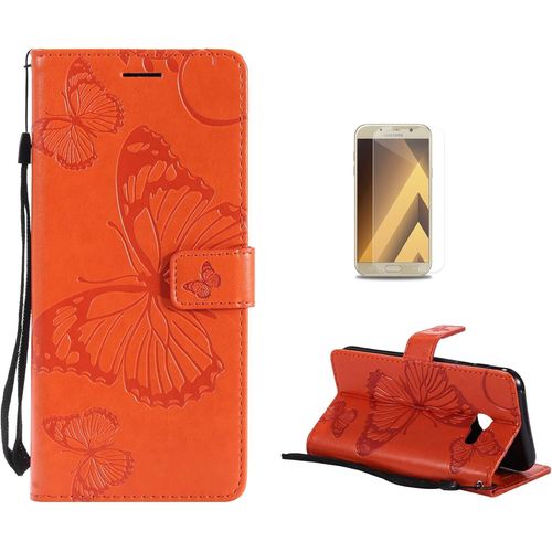 Coque Galaxy A3 2017 [Avec Film De Protection Ecran Hd], (Serie De Papillon Et Fleur) Retro Emboss Papillon Premium Flip Housse Etui Pu Cuir Pour Samsung Galaxy A3 2017(Orange)