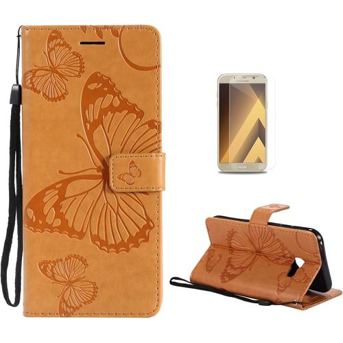 Coque Galaxy A3 2017 [Avec Film De Protection Ecran Hd], (Serie De Papillon Et Fleur) Retro Emboss Papillon Premium Flip Housse Etui Pu Cuir Pour Samsung Galaxy A3 2017(Jaune)