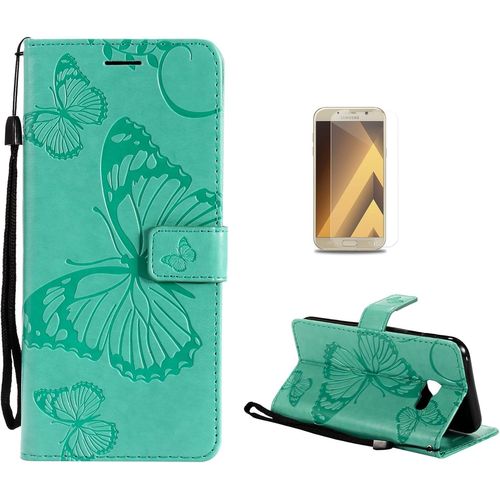 Coque Galaxy A3 2017 [Avec Film De Protection Ecran Hd],Fatcatparadise(Serie De Papillon Et Fleur) Retro Emboss Papillon Premium Flip Housse Etui Portefeuille Pu Cuir Pour Samsung Galaxy A3 2017(Vert)
