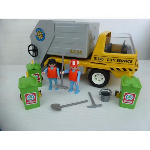 Playmobil Vintage Ville Camion De Poubelle Eboueurs Avec 2 Figurines Et 3 Poubelles