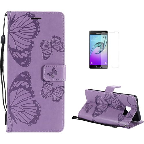 Coque Galaxy A5 2016/A510 [Avec Film De Protection Ecran Hd],Fatcatparadise(Serie De Papillon Et Fleur) Retro Emboss Papillon Premium Flip Housse Etui Pu Cuir Pour Samsung Galaxy A5 2016/A510(Violet)