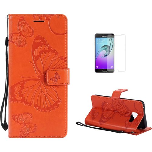 Coque Galaxy A5 2016/A510 [Avec Film De Protection Ecran Hd],Fatcatparadise(Serie De Papillon Et Fleur) Retro Emboss Papillon Premium Flip Housse Etui Pu Cuir Pour Samsung Galaxy A5 2016/A510(Orange)