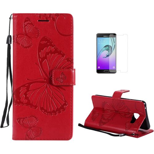 Coque Galaxy A5 2016/A510 [Avec Film De Protection Ecran Hd],Fatcatparadise(Serie De Papillon Et Fleur) Retro Emboss Papillon Premium Flip Housse Etui Pu Cuir Pour Samsung Galaxy A5 2016/A510(Rouge)
